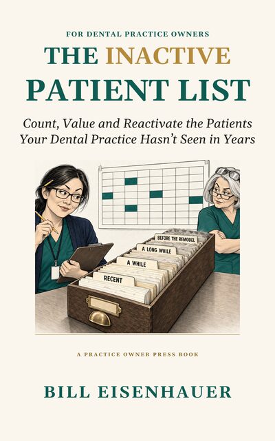 Cover of The Inactive Patient List (provisional): the title in teal with INACTIVE in gold, above an illustration of an office manager beside a patient-card drawer.