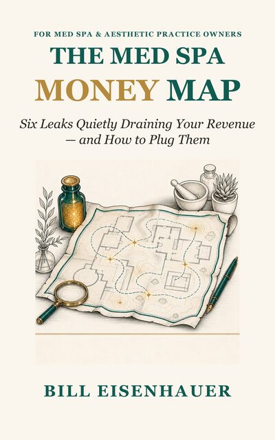 Cover of The Med Spa Money Map: the title above an illustration of a hand-drawn map with a magnifying glass.