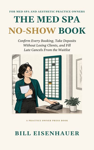 Cover of The Med Spa No-Show Book (provisional): the title in teal with NO-SHOW in gold, above an illustration of a patient care coordinator beside a backlit schedule board with two dark tiles and one gold one.