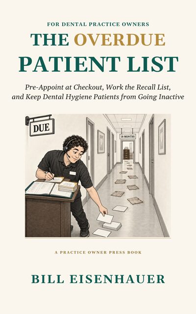 Cover of The Overdue Patient List (provisional): the title in teal with OVERDUE in gold, above an illustration of a front-desk worker at a DUE sign, cards scattered down a corridor marked 18 MONTHS.