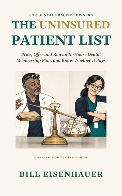 Cover of The Uninsured Patient List (provisional): the title in teal with UNINSURED in gold, above an illustration of a dentist and an office manager beside a balance scale, an envelope on one pan and punched member cards on the other.